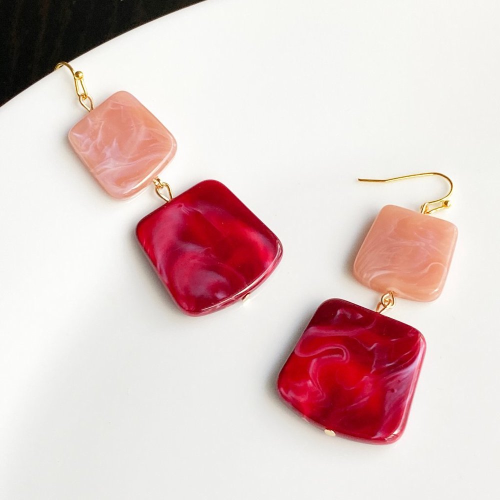 NEW "Temple" Acrylic Square Earrings (red, peach) - Picture 3 of 5